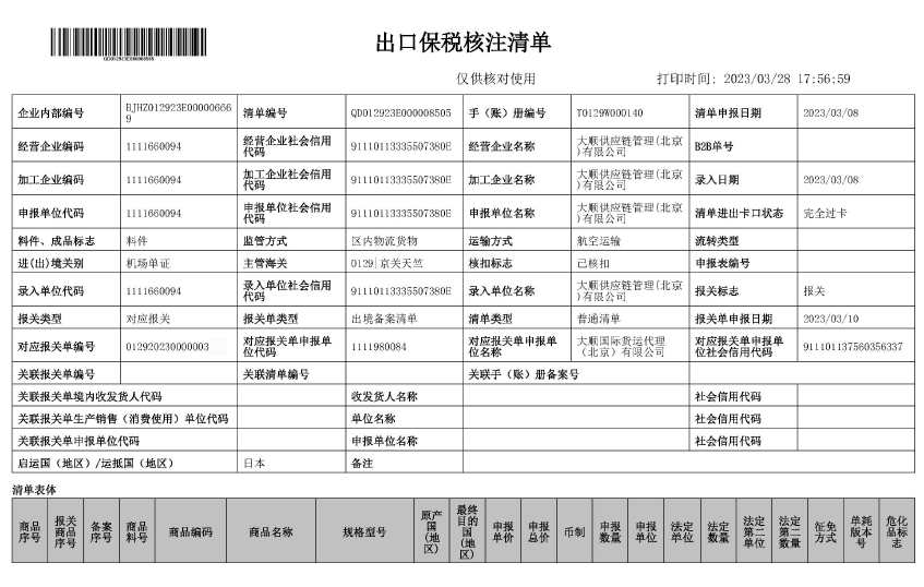 出口保税核注清单(样例)